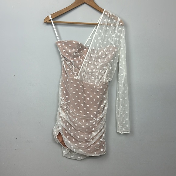 White Fox Fusion Sour One Shoulder White Mesh Polka Dot Mini Dress Ruched Sz - Picture 5 of 11